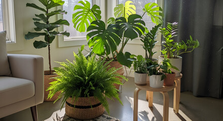 Indoor Plant Arrangement with Various Potted Foliage.