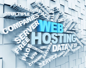 Web hosting concept with 3d rendering of web hosting text surrounded by various related keywords such as servers providers data free customers support and services on abstract background