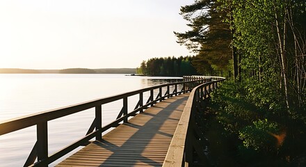 Wooden Boardwalk Along a Serene Lake Surrounded by Lush Green Forest at Sunset.