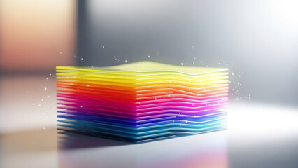 Vibrant rainbow stacked layers with glowing effect on desk