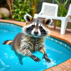 A raccoon cools off in a pool on a hot summer day