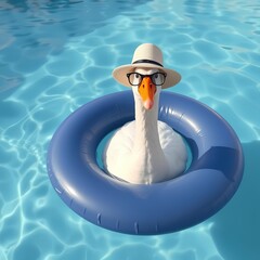 Swan with a hat in a swimming ring in the water