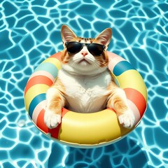 Cat on summer vacation - cat with sunglasses in a swimming ring in the water