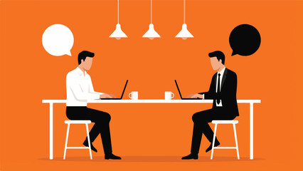 Modern flat design illustration of two people working on laptops and communicating