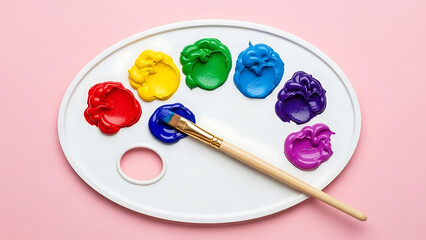 Vibrant paint colors on an artist palette with a paintbrush