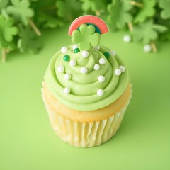 cupcake with green icing and sprinkles