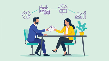 Business professionals exchange documents, discussing finance, planning, and growth
