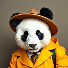 Portrait of an anthropomorphic panda in a blue suit 