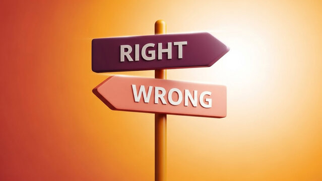 Right versus wrong concept with directional signs on a pole