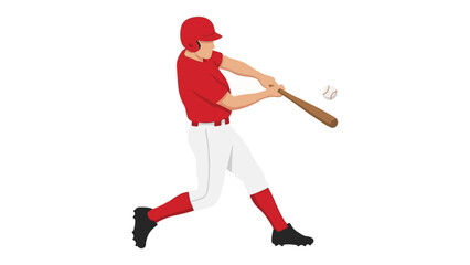 Baseball player in red uniform hitting a baseball with a bat