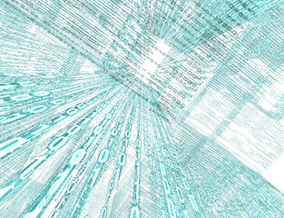 D&iacute;gitos binarios turquesa forman t&uacute;nel brillante que converge hacia punto de fuga en espacio digital 3D.simbolizando flujo de datos, profundidad virtual y transformaci&oacute;n digital.