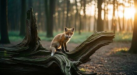 Young Fox Resting on a Fallen Tree Trunk in a Sunlit Forest.