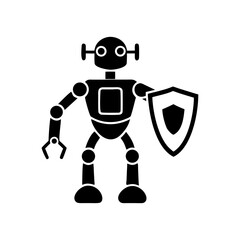 Iconic robot with shield, representing cybersecurity, data protection, and artificial intelligence technology.