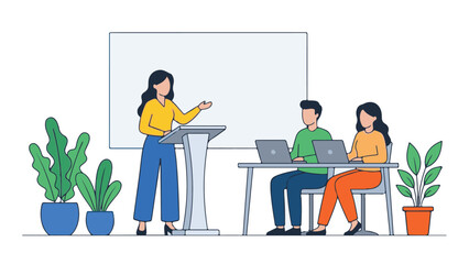 Team collaboration in office, a presenter with whiteboard and laptop users