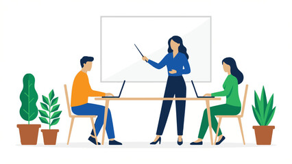 Team collaboration in office, a presenter with whiteboard and laptop users.