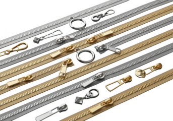 A high-quality collection of metallic zippers and pullers in gold and silver isolated on transparent background for fashion and branding design