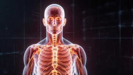 Human Anatomy Nervous System and Rib Cage Glowing Medical Illustration.