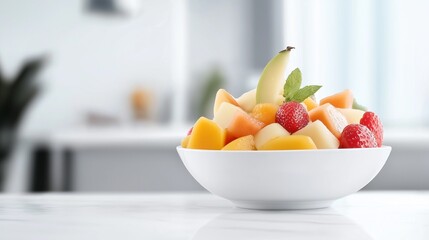 delicious bowl of fruit salad with bright, fresh fruit slices, on a white plate