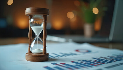 Wooden hourglass rests on financial charts and graphs. Sand flows down signaling deadline, time for business strategy and economic planning.