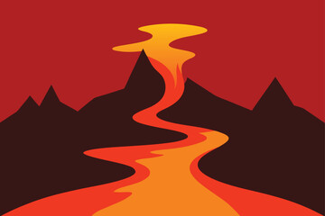 Lava River Flowing from Volcano Through Jungle Reflections