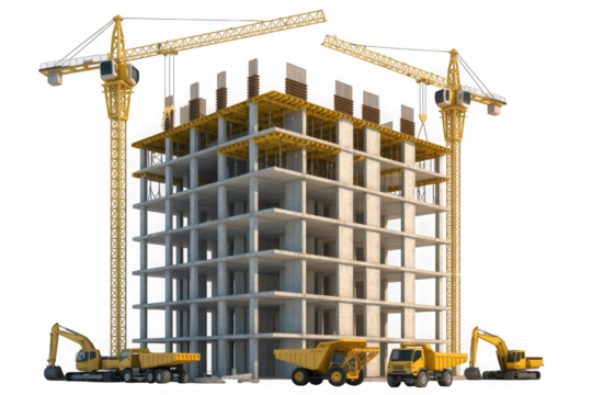 A multi-story building under construction with tower cranes and heavy machinery isolated on transparent background - Powered by Adobe