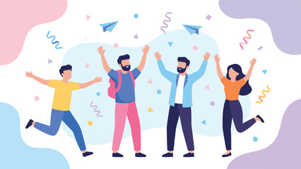 Diverse group of happy people celebrating, joyful flat illustration with confetti