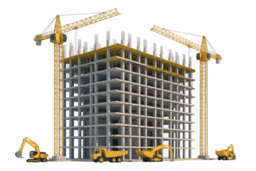 A high-rise building under construction, flanked by two large cranes and construction vehicles isolated on transparent background