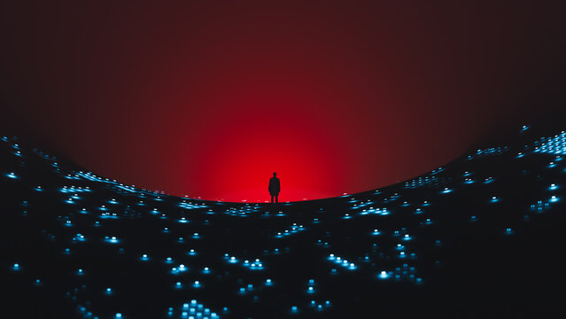 Silhouette of man standing in front of technological black hole scene