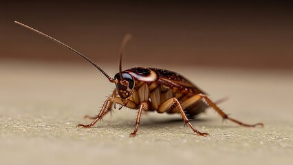 Naklejka premium Detailed macro photography of a brown cockroach on a textured surface, showcasing its segmented body and long antennae with sharp focus and natural lighting.