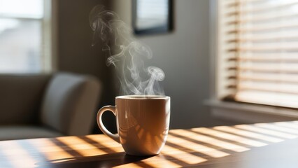 Steaming mug of coffee on a wooden table morning sunlight streaming through blinds cozy home atmosphere concept for relaxation and comfort