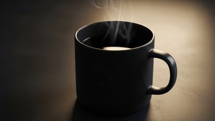 Steaming black coffee mug dark moody lighting perfect for morning beverage or cafe ambiance