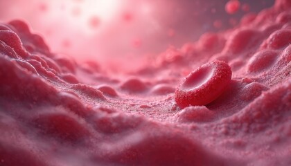 Microscopic view of red blood cells flowing through a blood vessel. Cells appear as disc shapes with textured surfaces. Background shows a blurred pinkish environment with other cells.