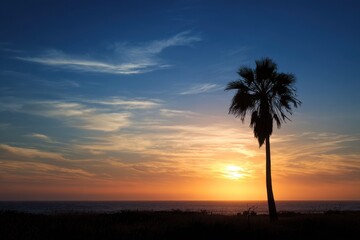 Tropical Sunset over Abbot Kinney: Silhouetted Palms and Beachscape Beneath Colorful Sky