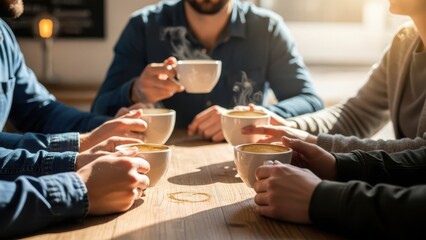 Group of friends enjoying coffee together at a cafe sharing conversation and warm drinks on a wooden table lifestyle concept