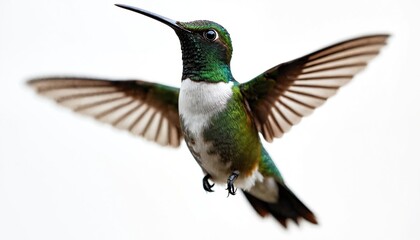 Obraz premium Small hummingbird with wings spread flies mid-air. This tiny bird has green white chest and long beak. It hovers with feathers blurred from motion. It is a wild animal.