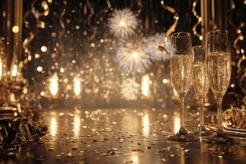 Champagne glasses on a table celebrating New Year's Eve party