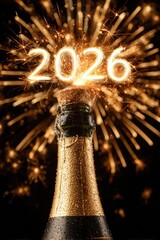 Champagne bottle with 2026 sparklers celebrating New Year