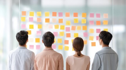 Obraz premium Four people are sitting in a room looking at a wall covered in sticky notes. Business research.