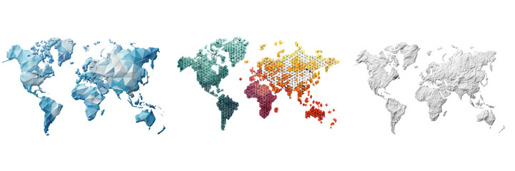 Set of Abstract global atlas visualization with diamond icons forming a world map layout, modern and professional style on transparent png background. Ai generated