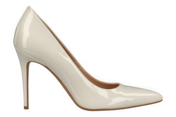 A sleek and stylish white high-heeled pump with a pointed toe and glossy finish isolated on transparent background