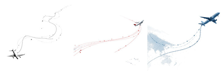 Set of Airplane traveling across a faint grey world map with a blue dashed route suggesting global movement on transparent png background. Ai generated