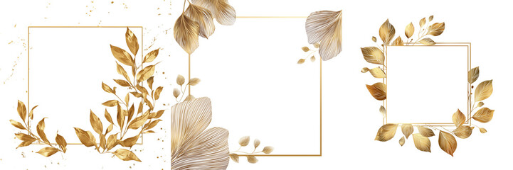 Set of A wooden picture frame containing an inner framed artwork, surrounded by delicate green leaves and floral accents on transparent png background. Ai generated