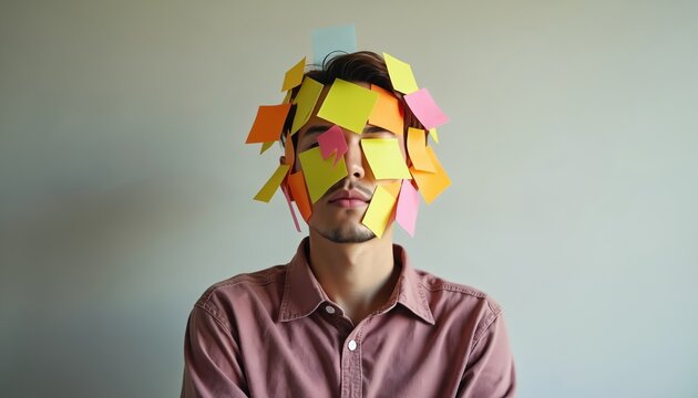 Man with face covered in colorful sticky notes feels overwhelmed, stressed. Notes stuck on head represent many tasks ideas causing mental overload. Person looks tired, work pressure, confusion.
