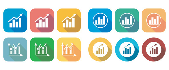 Colorful flat icons depicting various data analysis and growth charts