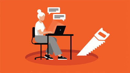 Person working on laptop, unaware of saw cutting a hole nearby