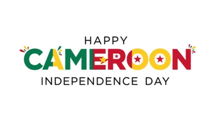 Fotobehang Afrikaanse Motieven Colorful text graphic celebrating Cameroon Independence Day with festive typography and star motifs on a neutral background.  © Anton