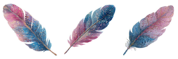 Set of Brightly colored feather with metallic-like iridescence, fine details and delicate structure visible on transparent png background. Ai generated