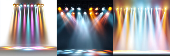Set of Colorful lights in blue, red, and yellow shining across an empty dance floor, evoking energy and celebration on transparent png background. Ai generated