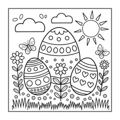 Happy Easter! Black and white coloring pages for teens, adults, and kids featuring Easter elements.