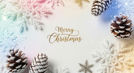 Festive Christmas background with pine cones and snowflakes.